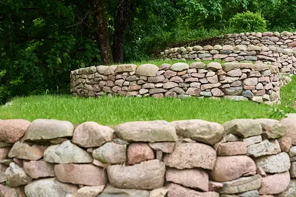 Low dry-stacked stone walls forming lawn terraces in a front yard